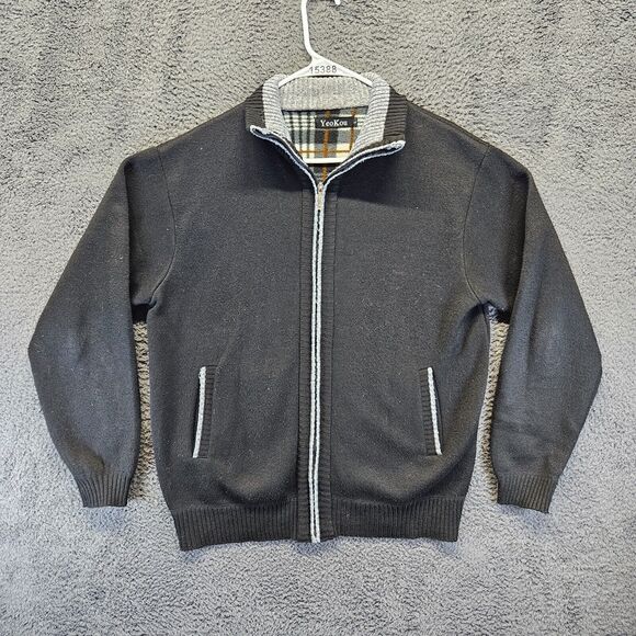 YeoKou Sweater Jacket Men Large Black Cashmere‎ Wool Knit Full Zip Fleece Lined - Picture 1 of 9